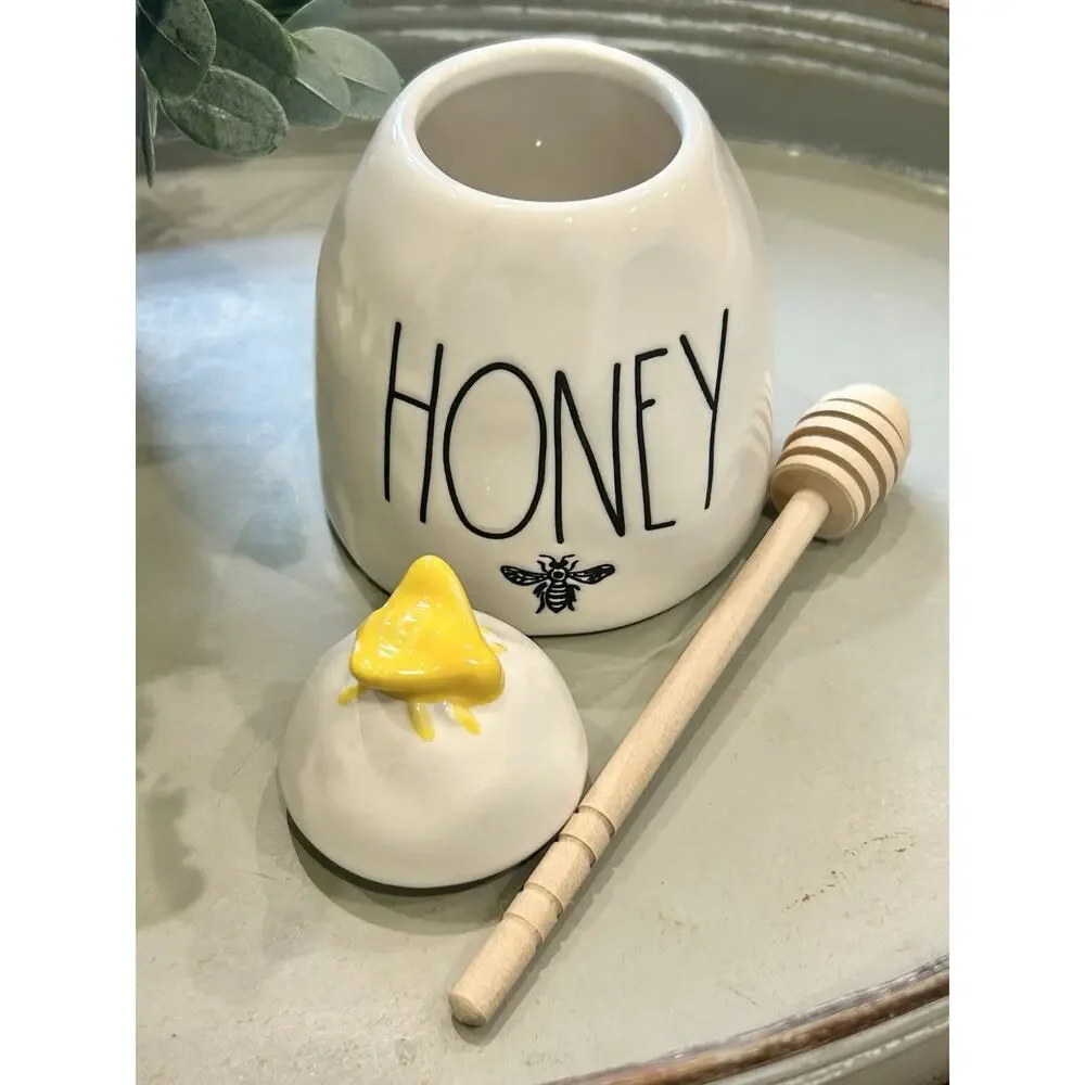 Rae Dunn HONEY Pot w Wooden Dipper Honey Jar Yellow Honey Bee Artisan Collection